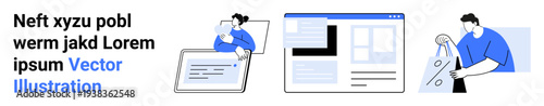 Three scenes including a person with a laptop, a website interface, and an individual with a shopping bag. Ideal for technology, team collaboration, e-commerce, digital marketing, remote work, online