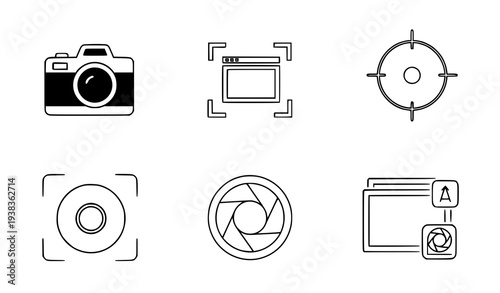 A set of six camera and photography related vector icons in a minimalist line art style