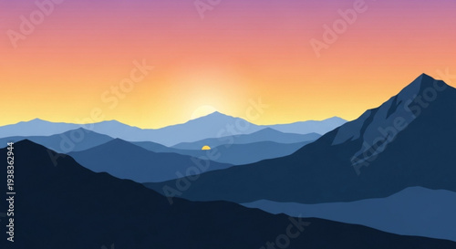 Sunset over majestic mountain range with vibrant orange and purple sky