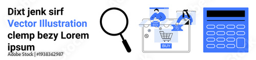 Two people analyzing data on a tablet above a digital shopping cart with a buy button, alongside a magnifying glass and calculator. Ideal for e-commerce, data analysis, digital marketing, online