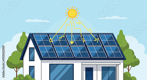 House with Solar Panels Generating Electricity from Sun on Rooftop