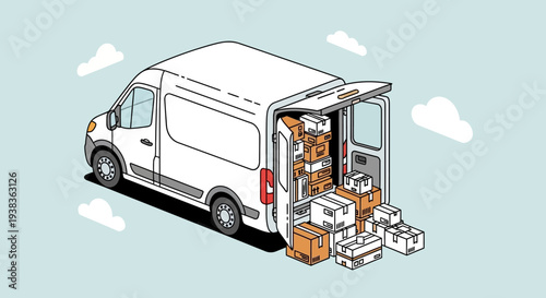 White delivery van with open doors and packages inside and outside.