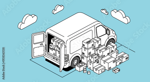Isometric illustration of delivery van with open door and packages.