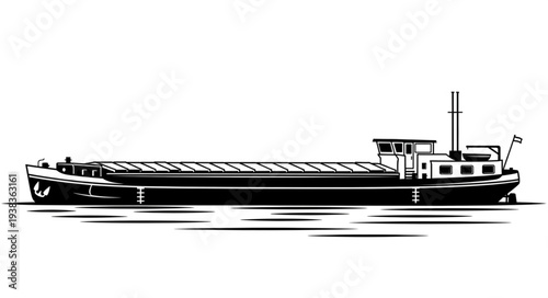 Black and white illustration of a cargo barge on the water, transporting goods.