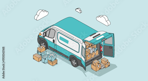 Delivery Van Unloading Packages with Parcels and Boxes.