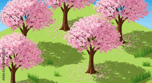 Blossoming cherry trees on a green hillside with vibrant pink flowers.