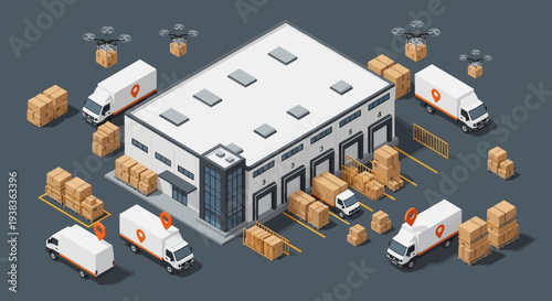Isometric Warehouse with Trucks and Packages.