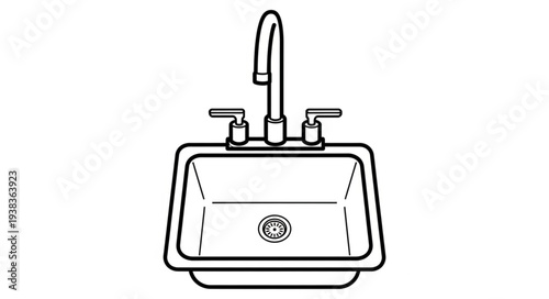 Detailed illustration of a stainless steel kitchen sink with faucet and handles.