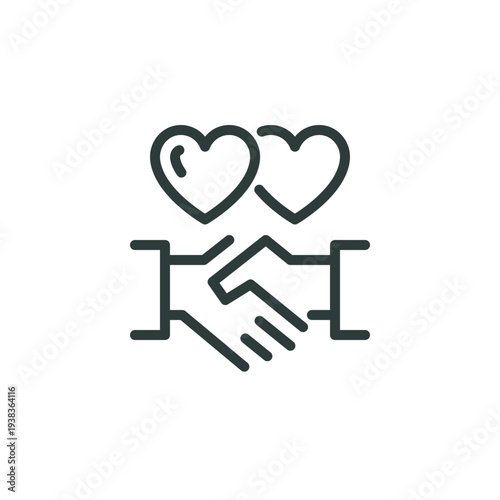 Handshake friendly agreement partnership deal corporate trust contract thin outline icon. Minimalist line sign two hands shaking each other and two hearts symbols. Vector isolated pictogram for web.