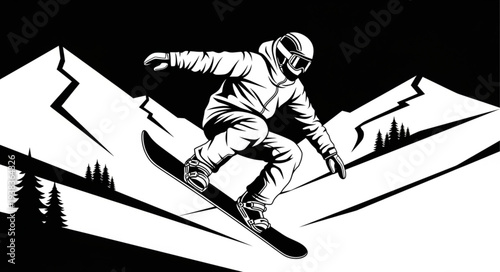 Snowboarder in action, performing a jump, captured in dynamic black and white.