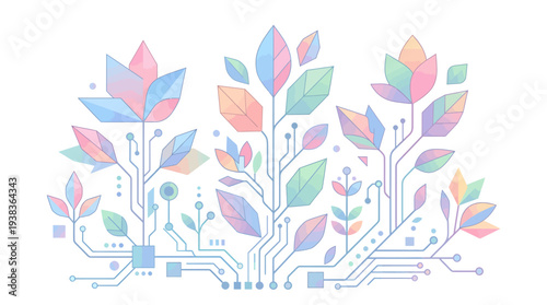 Abstract digital plants with pastel colors symbolizing growth and technology