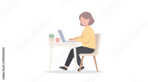 Young woman working on a laptop at a desk in a minimalist illustration