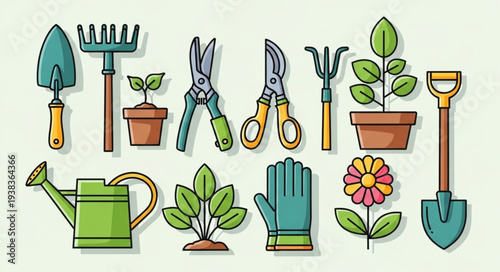 Collection of gardening tools and equipment for planting and maintaining plants in the garden.