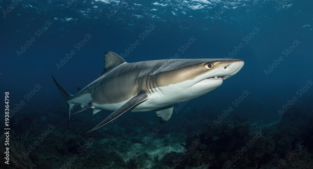 Fototapeta premium Brightly lit underwater scene featuring silver tip shark in natural marine habitat for Earth Day awareness