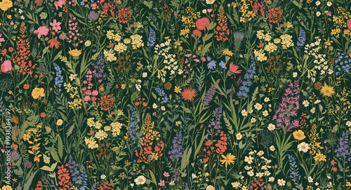 Colorful wildflower botanical pattern with diverse floral shapes in a lush green garden setting