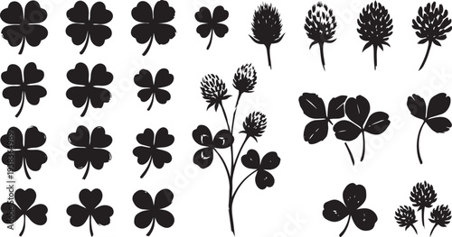 Set of black clover and shamrock silhouettes. Vector four-leaf clover for luck and wild trefoil flowers collection.