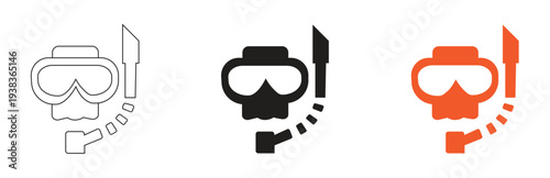 set of diving mask and snorkel icons in outline solid and orange colors representing underwater exploration and recreational swimming gear for travel and adventure