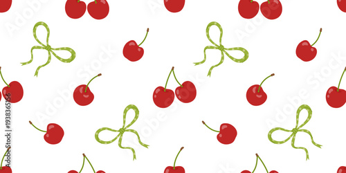 Cute seamless pattern with red cherries and green bows. Fresh juicy garden fruits on white background. Flat vector illustration.