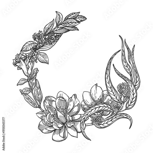 Wreath of flowers hand drawn vector illustration. Vintage flowers sketch. Line art black and white. NOT AI generated.