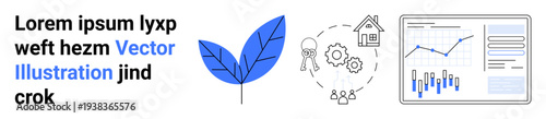 Green leaf, key, gear, house, and analytics chart depicting growth, sustainability, business strategy. Ideal for eco-friendly business, financial analysis, innovation, and success. Clean outline