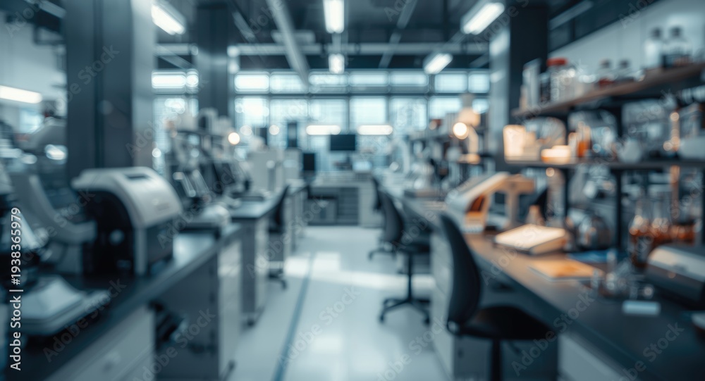 Fototapeta premium Modern scientific research room interior featuring blurred background with grey and blue highlights