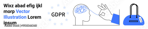 Head with brain, hand pulling thread, and blue pursea keycard. Ideal for data privacy, security, GDPR compliance, personal data protection, cybersecurity strategies, mental control concepts privacy