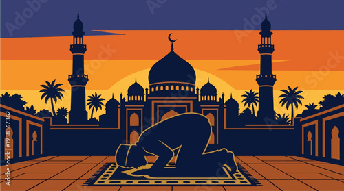 Eid celebration at mosque during colorful sunset. Suitable for holiday marketing materials, religious websites, and cultural event promotions.