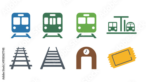 Transportation icons, train symbol, railway track illustration, station building icon, ticket graphic