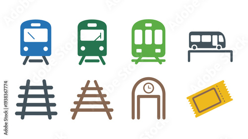 Transportation icons, train symbol, railway track illustration, station building icon, ticket graphic