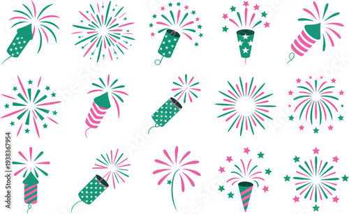 Teal and Pink Fireworks and Party Popper Icon Set with Stars and Sparkle Details for Celebration and Festival Graphic Designs
