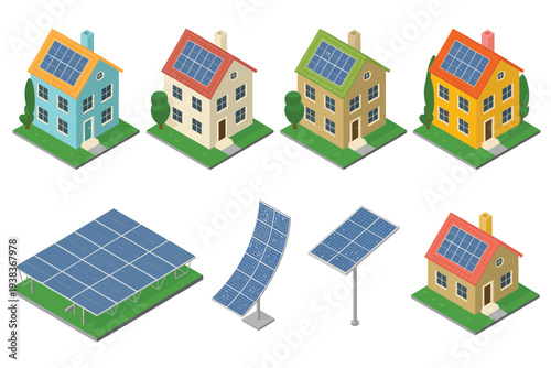 Isometric vector illustration, of houses and buildings equipped, with solar panels, highlighting renewable energy, eco-friendly design, and sustainable urban architecture isolated.
