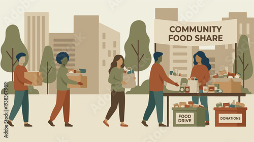 Community food share event, people donating and organizing food items for charity