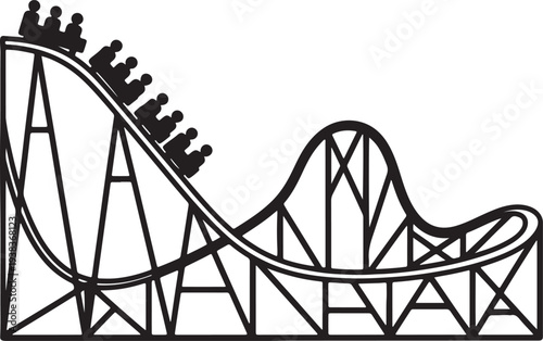 Black and white roller coaster with passengers on a steep descent also transparent background amusement park ride