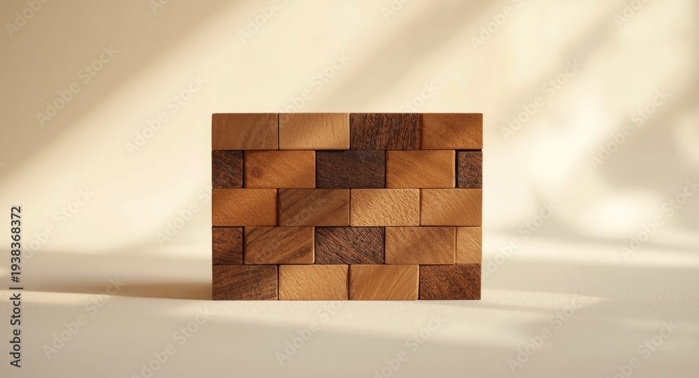 Obraz premium Closeup of rectangular brown wood piece mimicking puzzle and brick wall texture