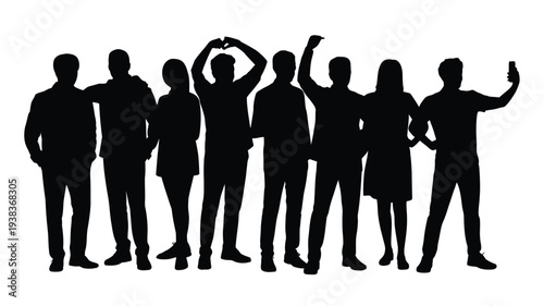 Set of diverse people silhouettes posing, celebrating, taking photos, and expressing emotions in dynamic lifestyle activities for social and event design isolated on white background.