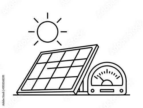 Simple black and white line art illustration depicts a photovoltaic solar panel effectively converting bright sunlight into measurable electrical energy shown by an adjacent analog meter.
