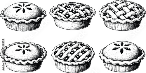Vintage Engraved Pie Dessert Collection with Lattice Crust and Classic Bakery Illustration Set