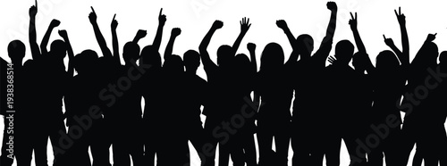 Cheering crowd silhouettes with raised fists celebrating victory protest concert fans group people excitement event vector illustration background