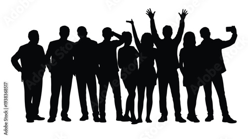 Silhouette illustration, of diverse people posing, celebrating, taking photos, and expressing emotions in various dynamic poses for social and lifestyle design isolated on white background