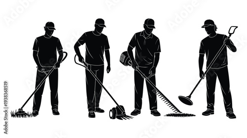 Silhouette set of gardener, using power tools, including grass trimmer, hedge cutter, and pruning shears for landscaping and garden maintenance isolated on white background