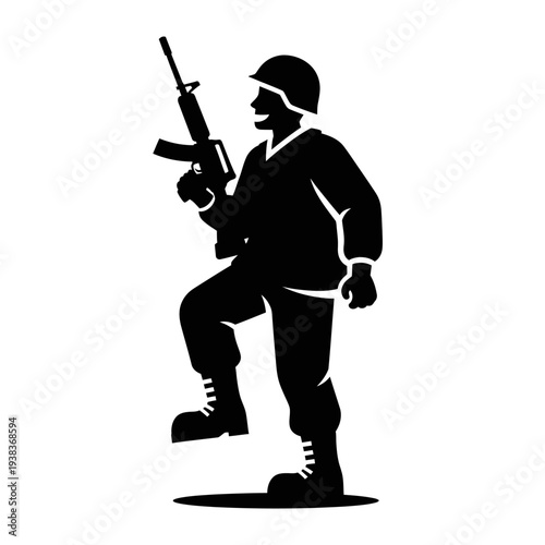 Silhouette Soldier Marching with Rifle, Military Action, Freedom Concept