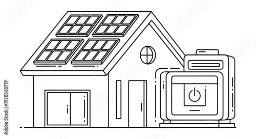 Outline drawing illustrates a residential home equipped with rooftop solar panels connected to an external battery storage system for sustainable off-grid energy solutions