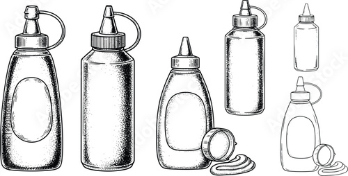 Vintage Engraved Squeeze Sauce Bottle Collection with Condiment Containers and Kitchen Packaging Illustration