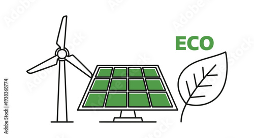 Simple line art illustration depicting key elements of renewable energy sources including a wind turbine solar panel and a leaf representing eco friendly power generation