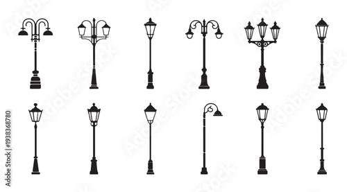 Street light icons set, various outdoor lamps for city streets and parks isolated on white background