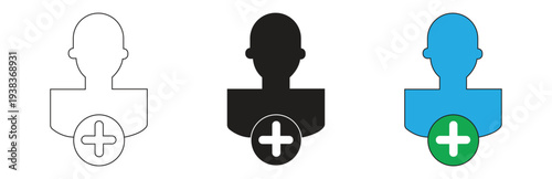 Set of add user icons showing new profile, account creation, and user management for website interface and mobile application development.