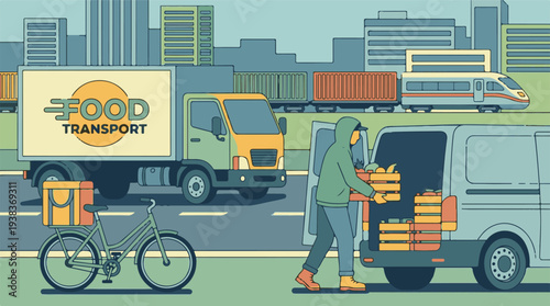 Illustration of Food Delivery and Logistics in an Urban Environment