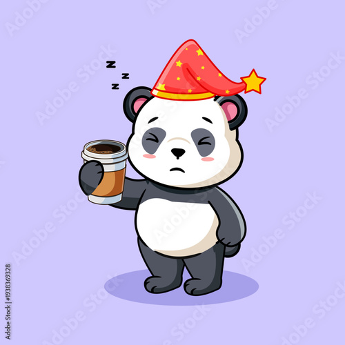 Sleepy Panda Holding Coffee Cup Vector Illustration Cartoon Design