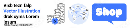 Blue shop speech bubble, stacked coins with a dollar symbol, and a blockchain network. Ideal for online shopping, cryptocurrency payments, finance, e-commerce, and digital transactions. Banner
