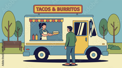 Food Truck Serving Tacos and Burritos to Customer in Park Illustration